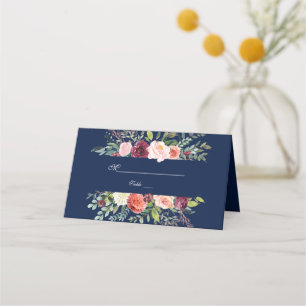 Carte De Placement Burgundy Blush Floral Frame Bleu foncé Mariage