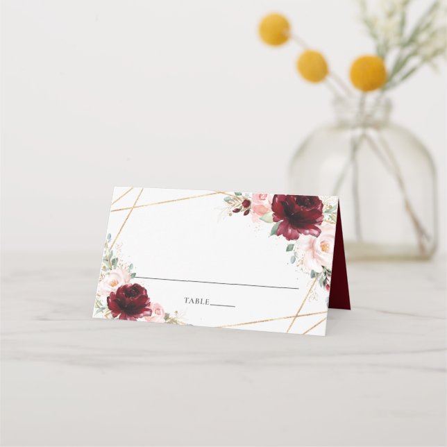 Carte De Placement Burgundy Blush Floral Gold Mariage Nom de l'invité (Devant)