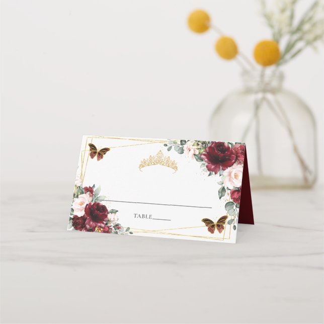 Carte De Placement Burgundy Blush Floral Quinceañera 16e anniversaire (Devant)