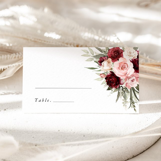 Carte De Placement Burgundy Blush Pink Floral Wedding Name Place Card (burgundy blush pink floral wedding place cards, name cards, escort cards, elegant rose table decor)