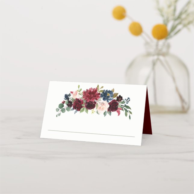 Carte De Placement Burgundy et marine Aquarelle Florale (Devant)