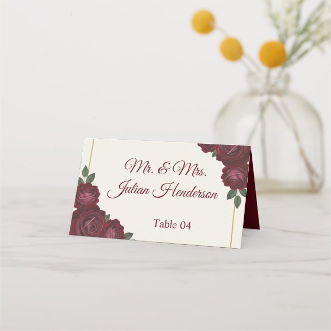 Carte De Placement Burgundy Floral & Gold Folded Wedding Place Card (Devant)