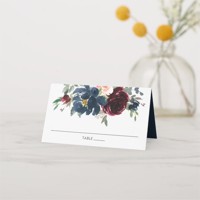 Carte De Placement Burgundy Navy Blush Floral Mariage Nom de l'invité (Devant)