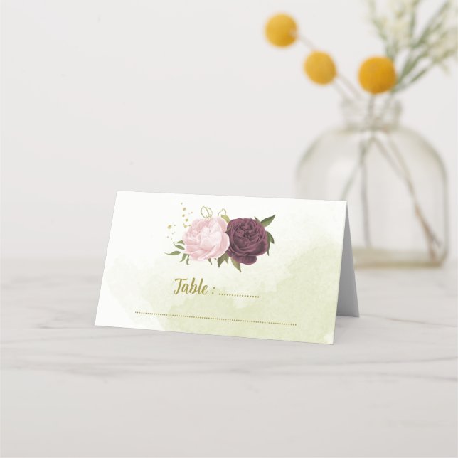 Carte De Placement cabernet rose fleurs vert feuilles (Devant)