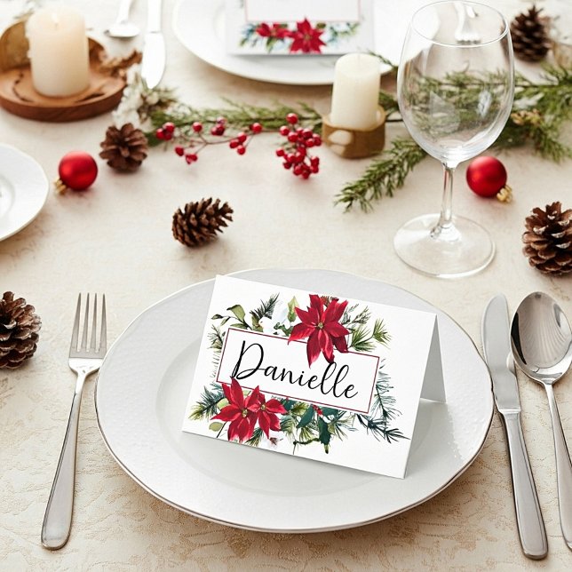 Carte De Placement Cadre de Noël à l'euphorbe en aquarelle (Créateur téléchargé)