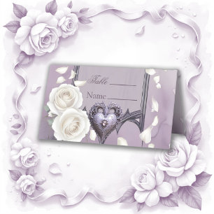 Carte De Placement Cadre floral avec coeur et roses blanches