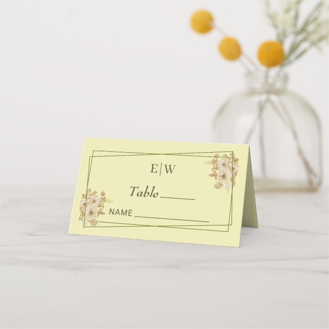 Carte De Placement Cadre rose - Mariage jaune céleste Monogramme (Devant)