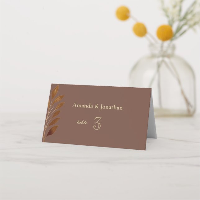 Carte De Placement Café moderne Brown et Mariage feuille or (Devant)