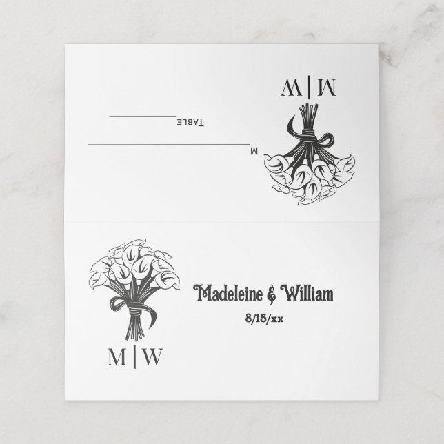 Carte De Placement Calla Lilies Bouquet Mariage Deux Initiales Noms (Extérieur déplié)