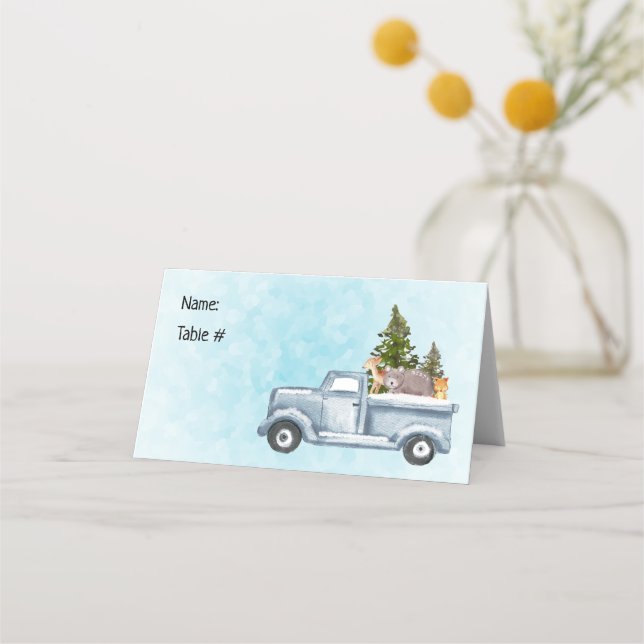 Carte De Placement Camion de Noël avec pins et animaux de forêt (Devant)