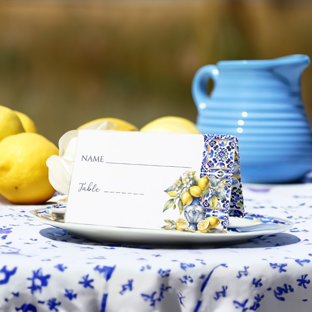 Carte De Placement Carreaux bleus italiens d'Amalfi citrons nom et ta (Amalfi Italian Vietri blue tiles lemons name and table Place Card Mediterranean themed place cards)