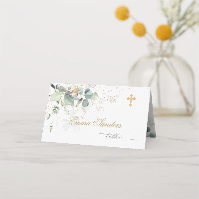 Carte De Placement Carte Baptism Eucalyptus Golden Floral Place (Devant)