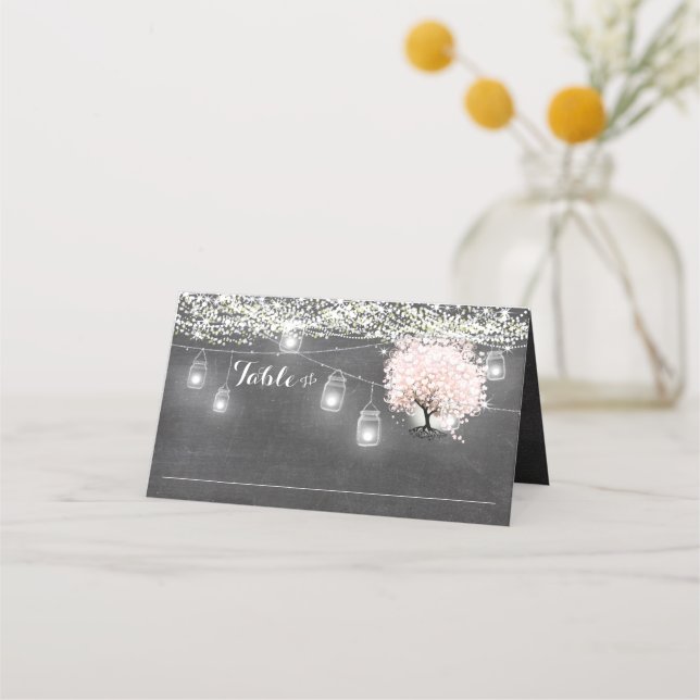 Carte De Placement Carte de Mariage Chalkboard Pink Heart Leaf Tree (Devant)