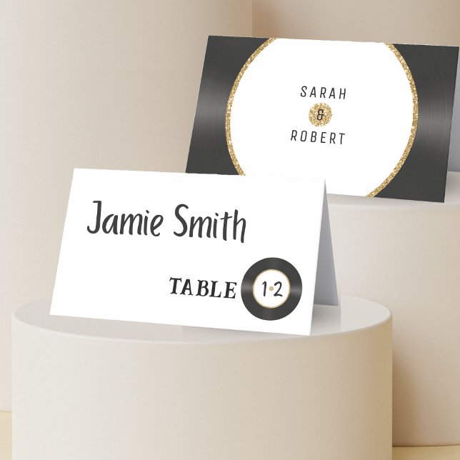 Carte De Placement Carte de Mariage Retro Gold Parties scintillant Vi (Retro Gold Glitter Vinyl Record Wedding Place Card
)
