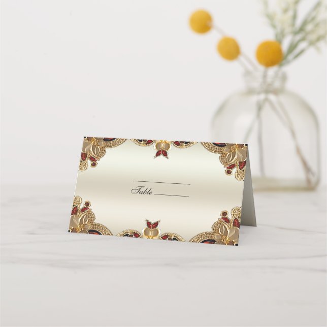 Carte De Placement Carte de place en pierre rouge à fleurs dorées (Devant)