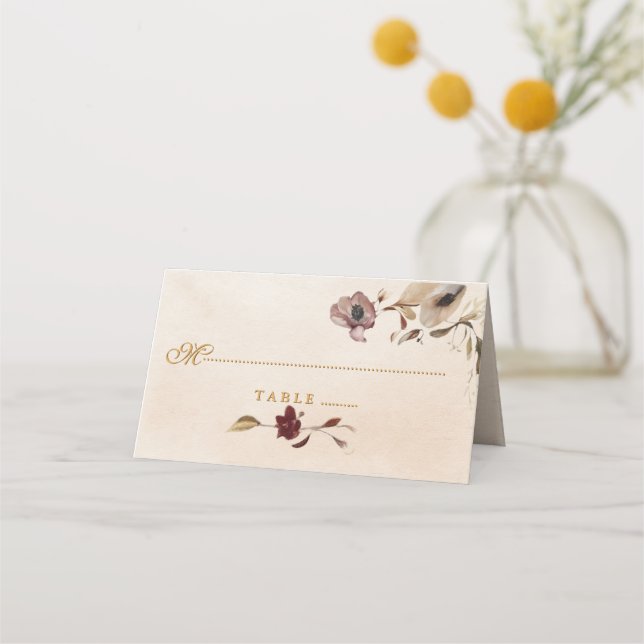 Carte De Placement Carte Place Mariage Floral Or Bourgogne (Devant)