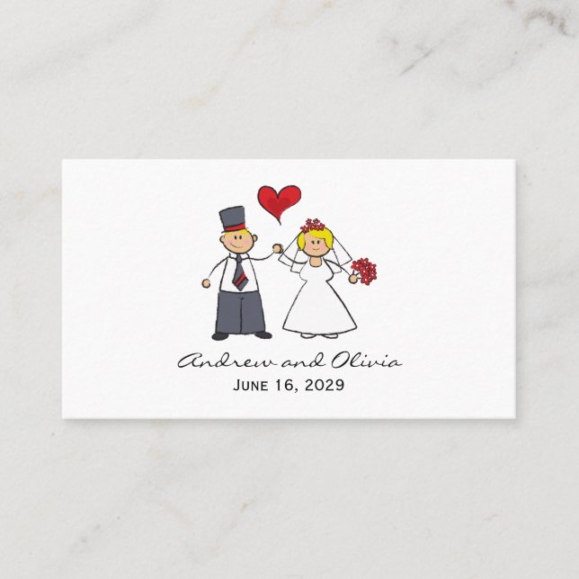 Carte De Placement Cartoon Mariage Couple Mariée & Groom Coeur rouge (Devant)