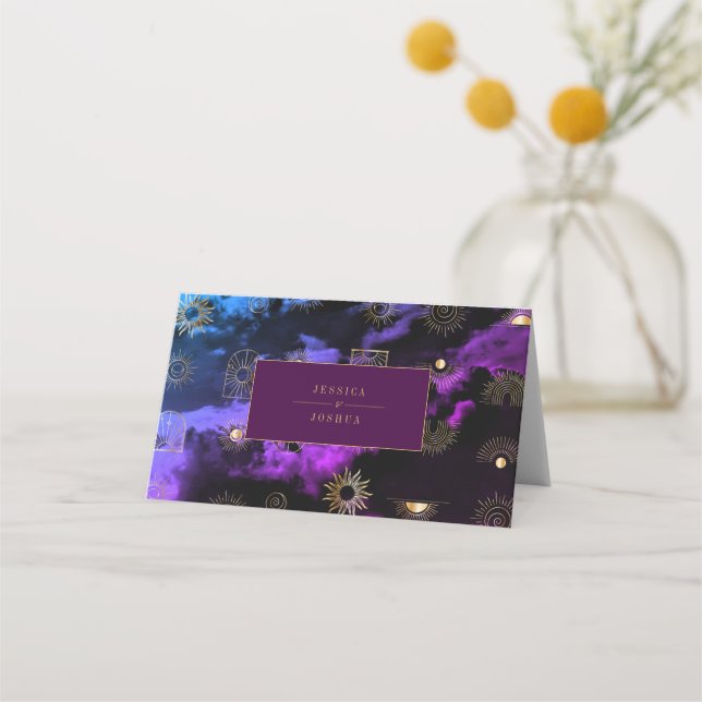 Carte De Placement Céleste Soleil Croissant Lune Galaxie Violet Or (Dos)