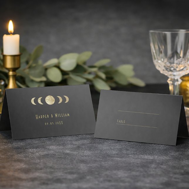 Carte De Placement Celestial art deco wedding place card (Celestial equinox art deco with moon phases place card)