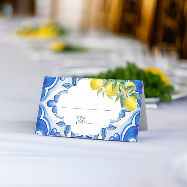 Carte De Placement C'est l'amour Carrelage bleu citron douche de mari (That's amore vintage Italian Blue tile lemon bridal shower wedding Place Card personalized decor)