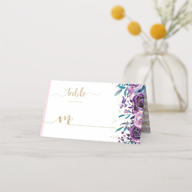 Carte De Placement Champagne Floral Violet Gold Stripes Nom du siège (Devant)