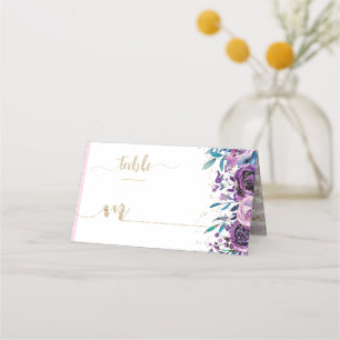 Carte De Placement Champagne Floral Violet Gold Stripes Nom du siège
