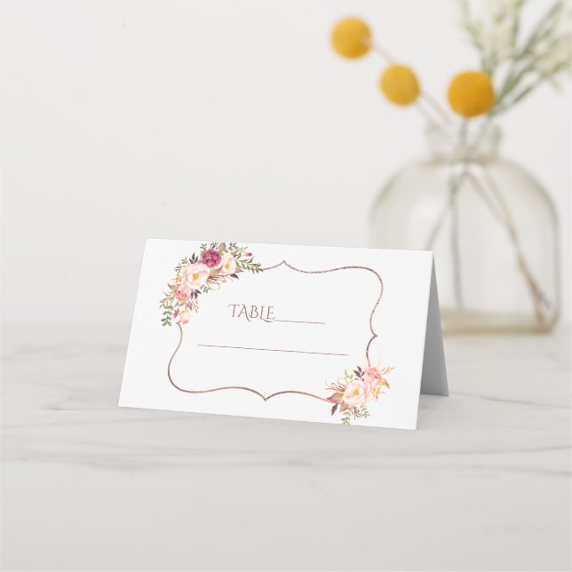 Carte De Placement Charm rose Fleurs Rose or Baptême Numéro de tablea (Devant)