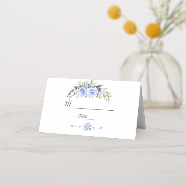 Carte De Placement Charme Aquarelle Bleu Fleurs Mariage Numéro de tab (Devant)