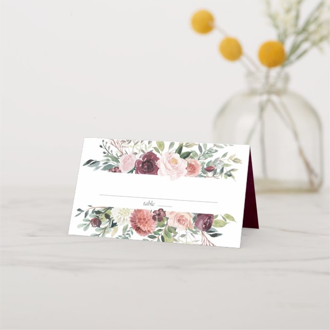 Carte De Placement Charme rustique Bourgogne Blush rose Mariage Flora (Devant)
