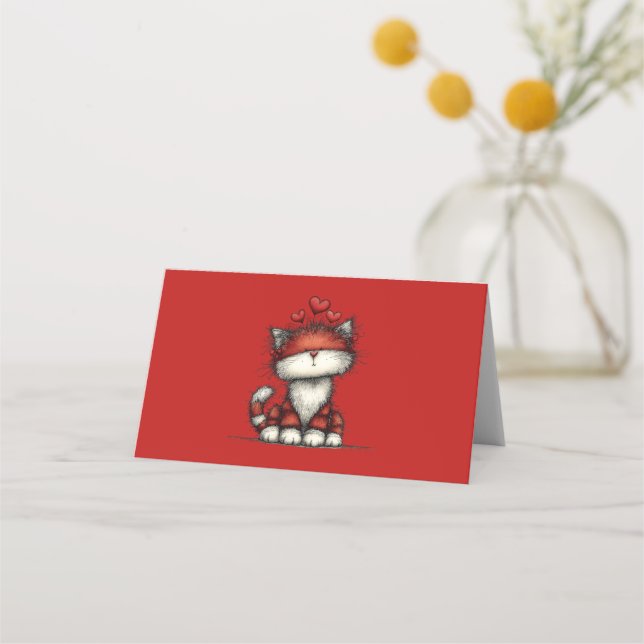 Carte De Placement Chat avec des cœurs rouges mignon et amusant (Devant)