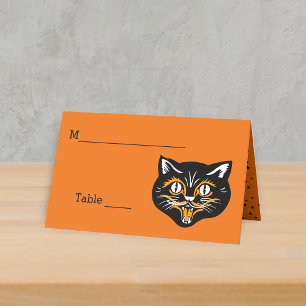 Carte De Placement Chat de Halloween noir vintage visage de chat heur