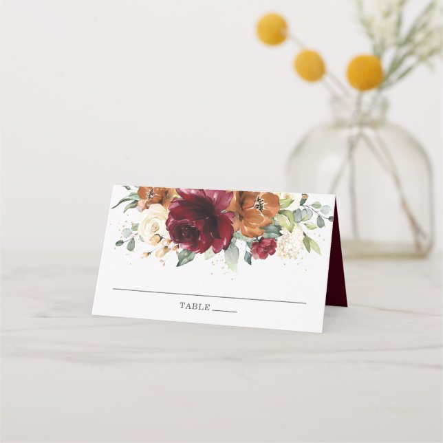 Carte De Placement Chic Aquarelle Bourgogne Rouille ivoire Mariage fl (Devant)