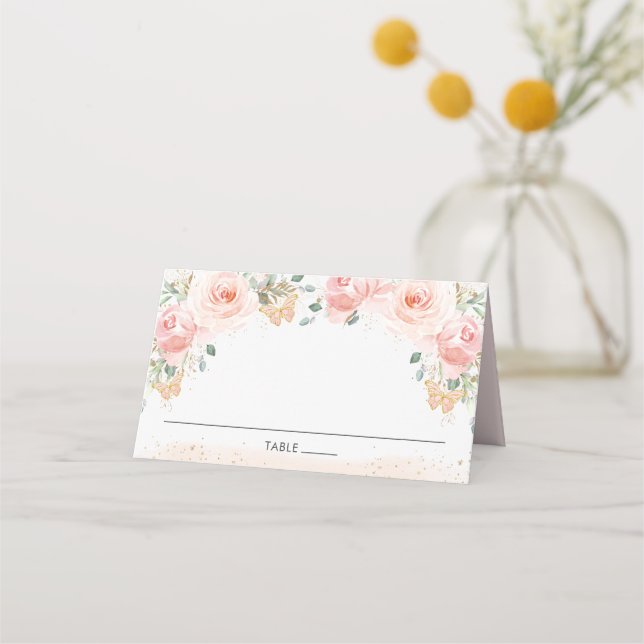 Carte De Placement Chic Blush Rose Floral Papillons Nom d'hôte Plac (Devant)