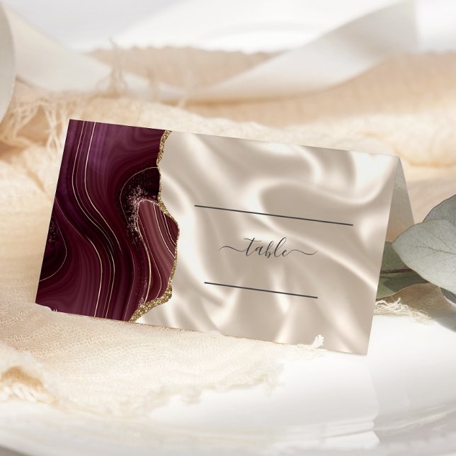 Carte De Placement Chic Bourgogne Or Agate ivoire Mariage de soie (Créateur téléchargé)