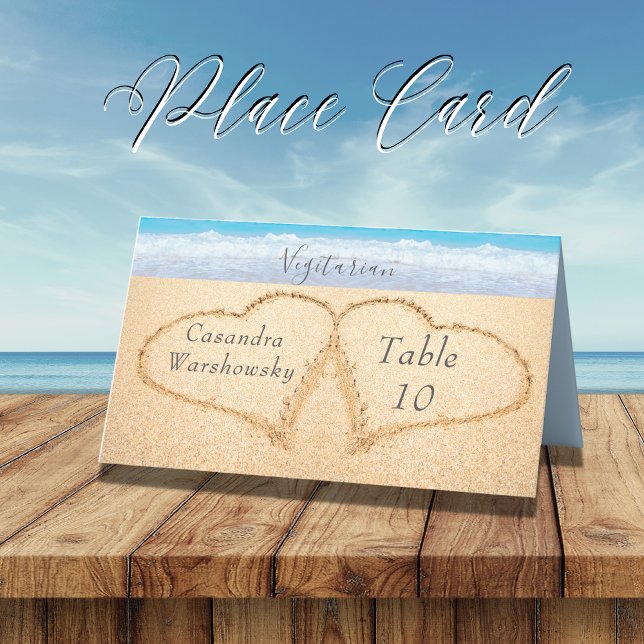 Carte De Placement Chic Dusty Blue Beach Mariage 2 Coeurs dans le sab (Créateur téléchargé)