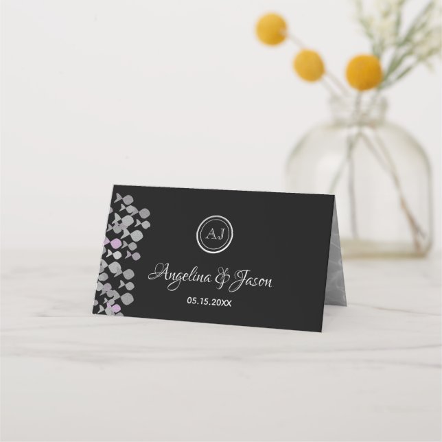 Carte De Placement Chic Elegant Noir & Argent Océan à thème Mariage (Dos)