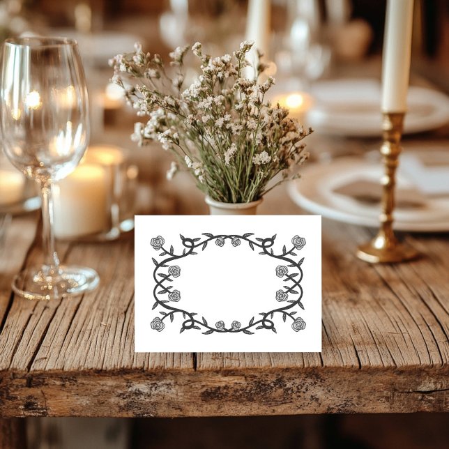 Carte De Placement Chic Elegant Rose Frame Botanique Floral B&W (Chic Elegant Rose Frame Botanical Floral B&W Place Card Wedding Engagement Bridal Birthday Party)