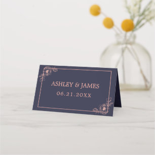 Carte De Placement Chic Navy Blue Rose Gold Floral Outline Mariage