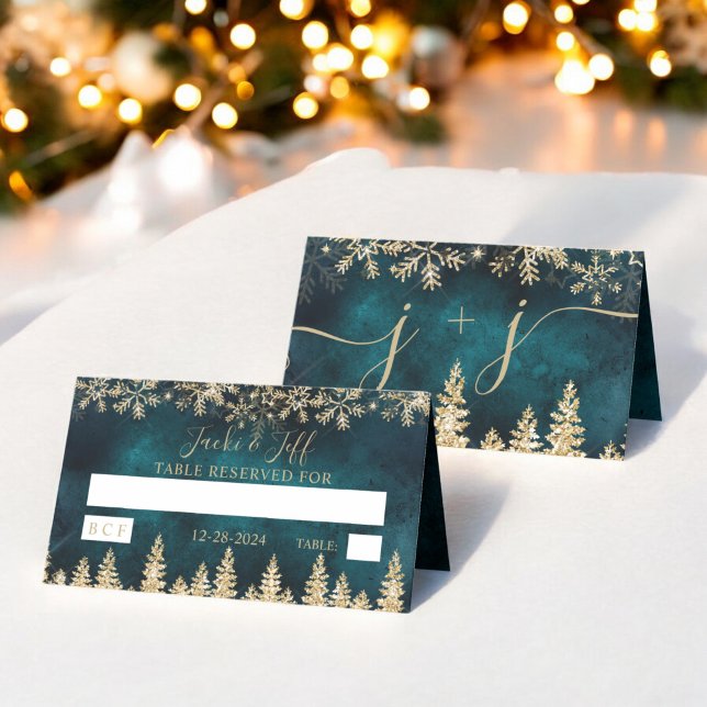 Carte De Placement Chic or neige pin vert Noël table d'hiver (Chic gold snow pine green Christmas winter table Place Card)