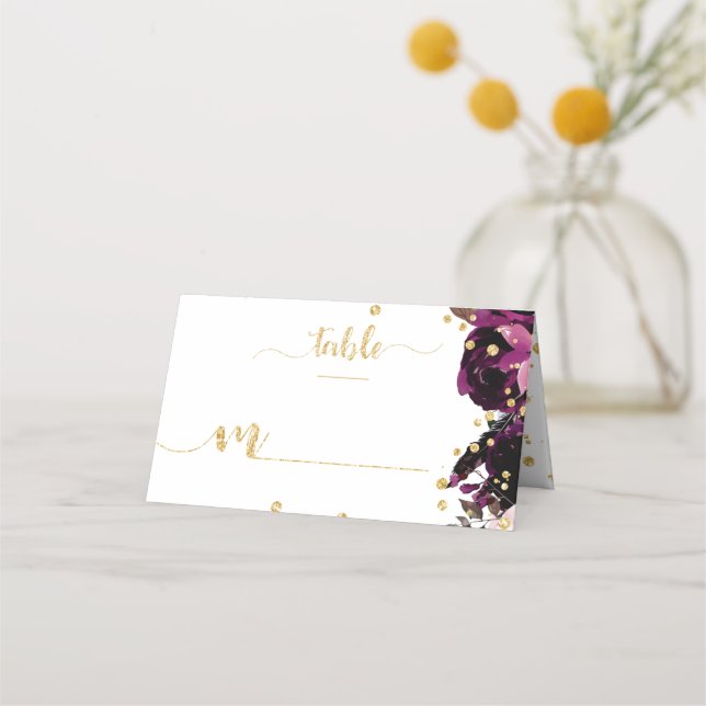 Carte De Placement Chic Purple Floral & Gold Confetti Numéro de table (Devant)