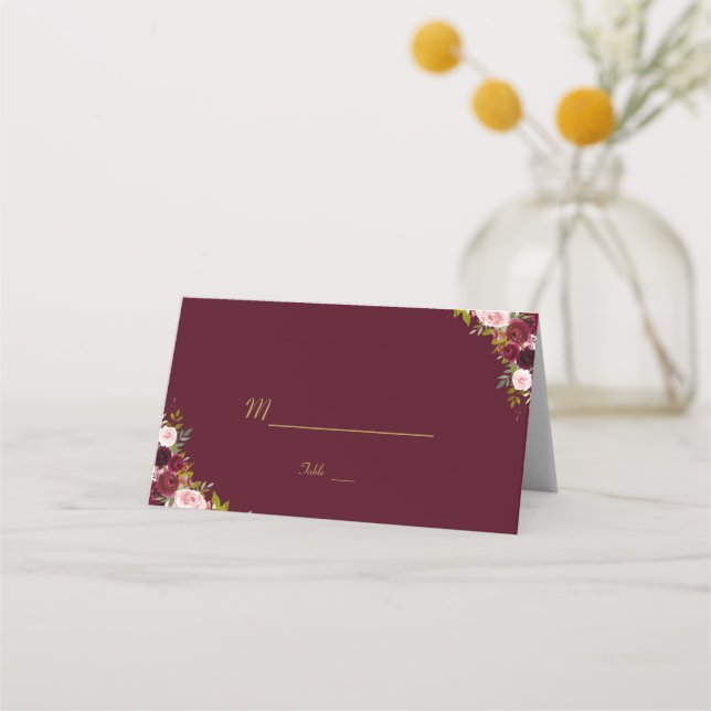 Carte De Placement Chic Rustique Marsala Floral Bourgogne Numéro de t (Devant)