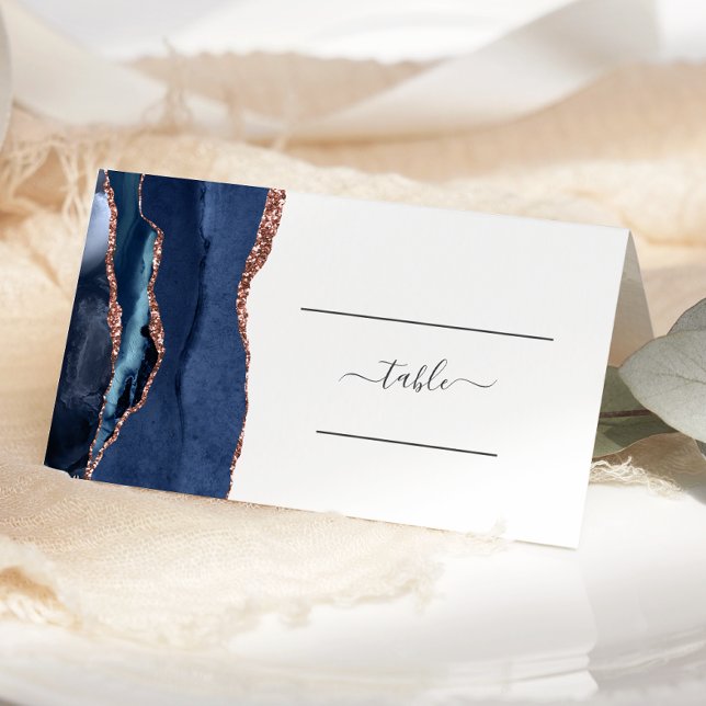 Carte De Placement Chic Table de Mariage Navy Blue Rose Gold Agate (Créateur téléchargé)