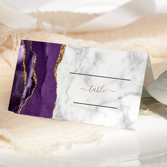 Carte De Placement Chic violet or Agate Mariage en marbre (Créateur téléchargé)