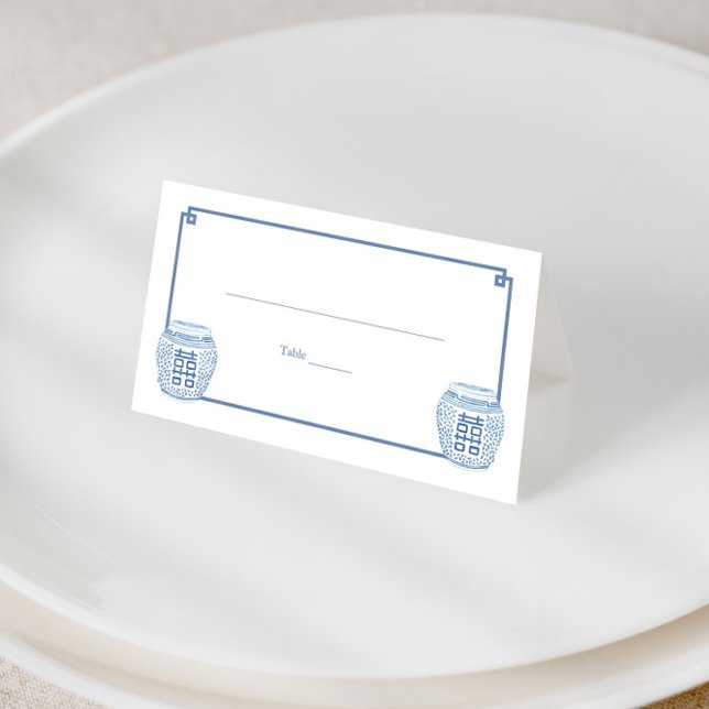 Carte De Placement Chinoiserie Chic Bleu Et Blanc Ginger Jar Mariage (Simple blue and white Ginger jars with blue greek key border wedding shower place cards)