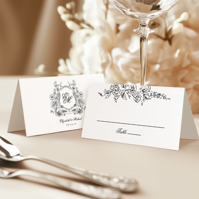 Carte De Placement Cimier Floral Monogramme Mariage élégant (Créateur téléchargé)