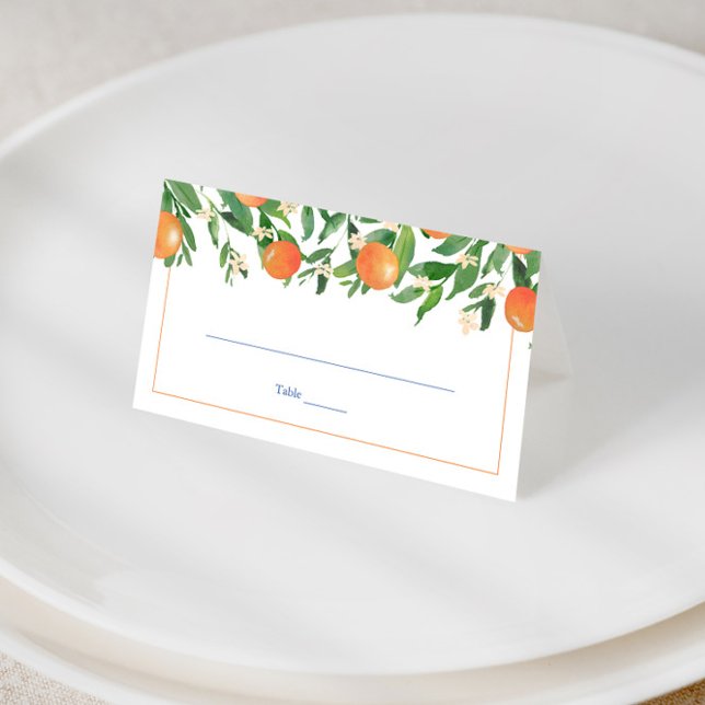 Carte De Placement Citrus Oranges Carreaux Bleus Espagnol Mariage (Positano oranges with blue and white tile print wedding place cards)