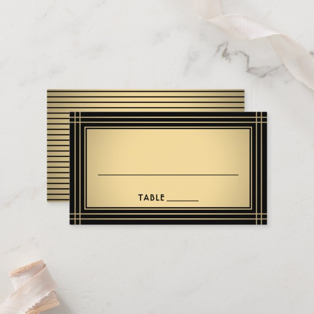 Carte De Placement Classique bordure rayée chic noir et or Escort / (Devant/Arrière en situation)