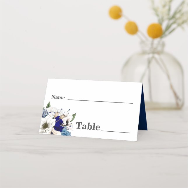 Carte De Placement Cobalt Dusty Blue Cream Floral Aquarelle Mariage (Devant)