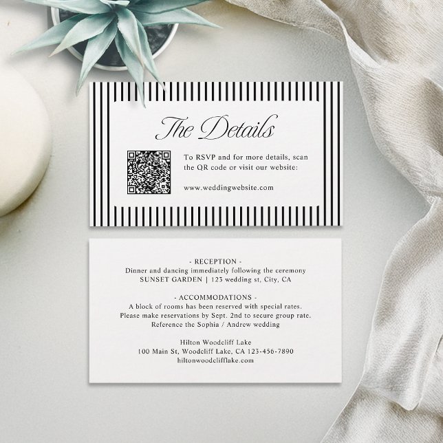 Carte De Placement Code QR à rayures noires pour les détails de maria (Black Striped QR Code Classy Wedding Details Place Card)