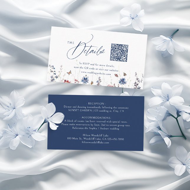 Carte De Placement Code QR Mini Détails Fleur de la Mariée Navy Rusti (Navy Rustic Wildflower QR Code Mini Details Place Card)
